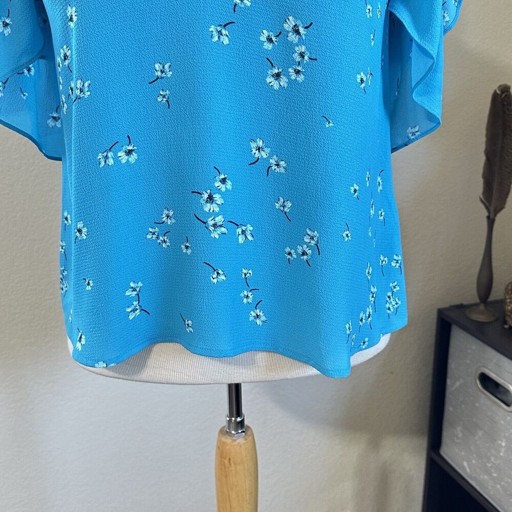 CeCe Women's Blue Teal Blouse Drapy Cold Shoulder Short Sleeve Top Sz XS - Picture 3 of 8